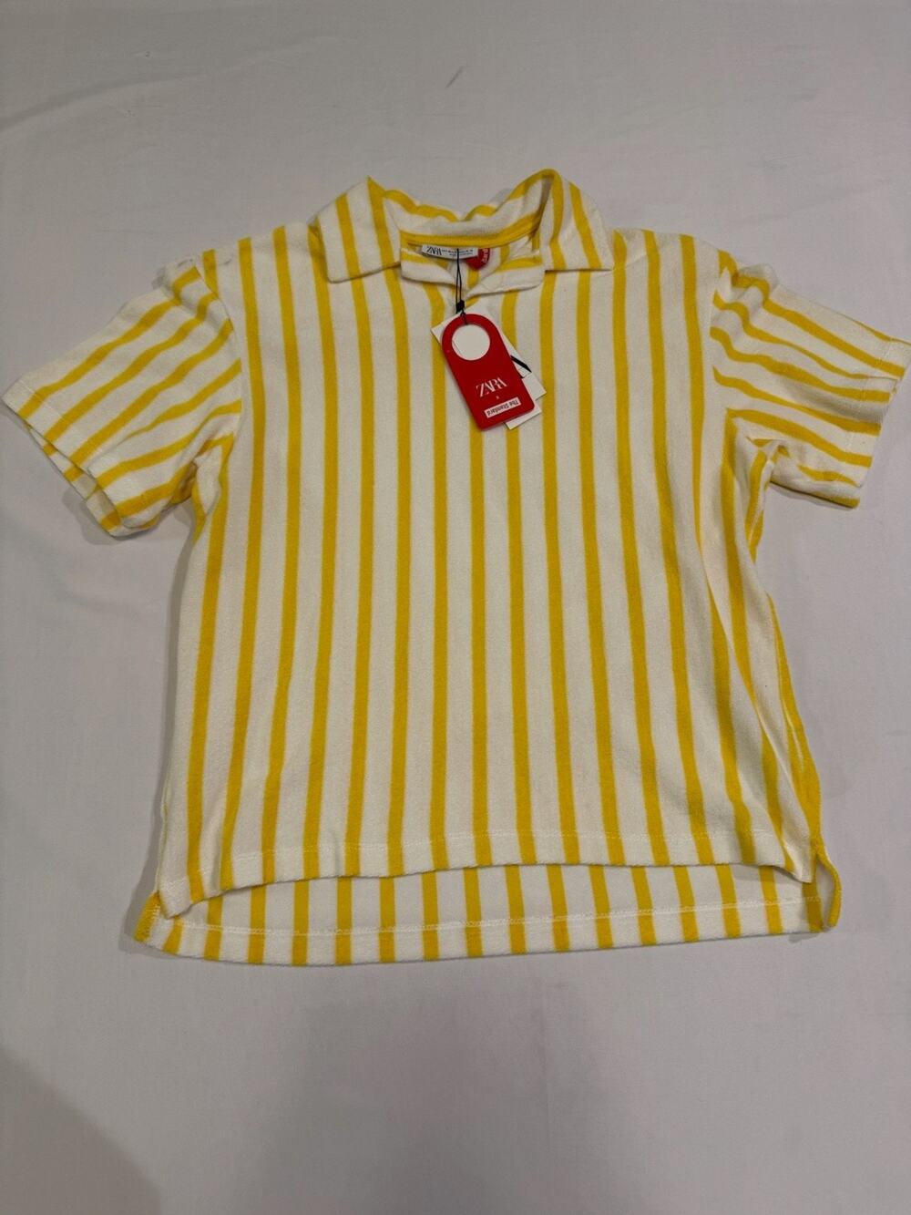 Zara The Standard Towel Knit Polo Shirt Mens M Yellow White Striped Portugal